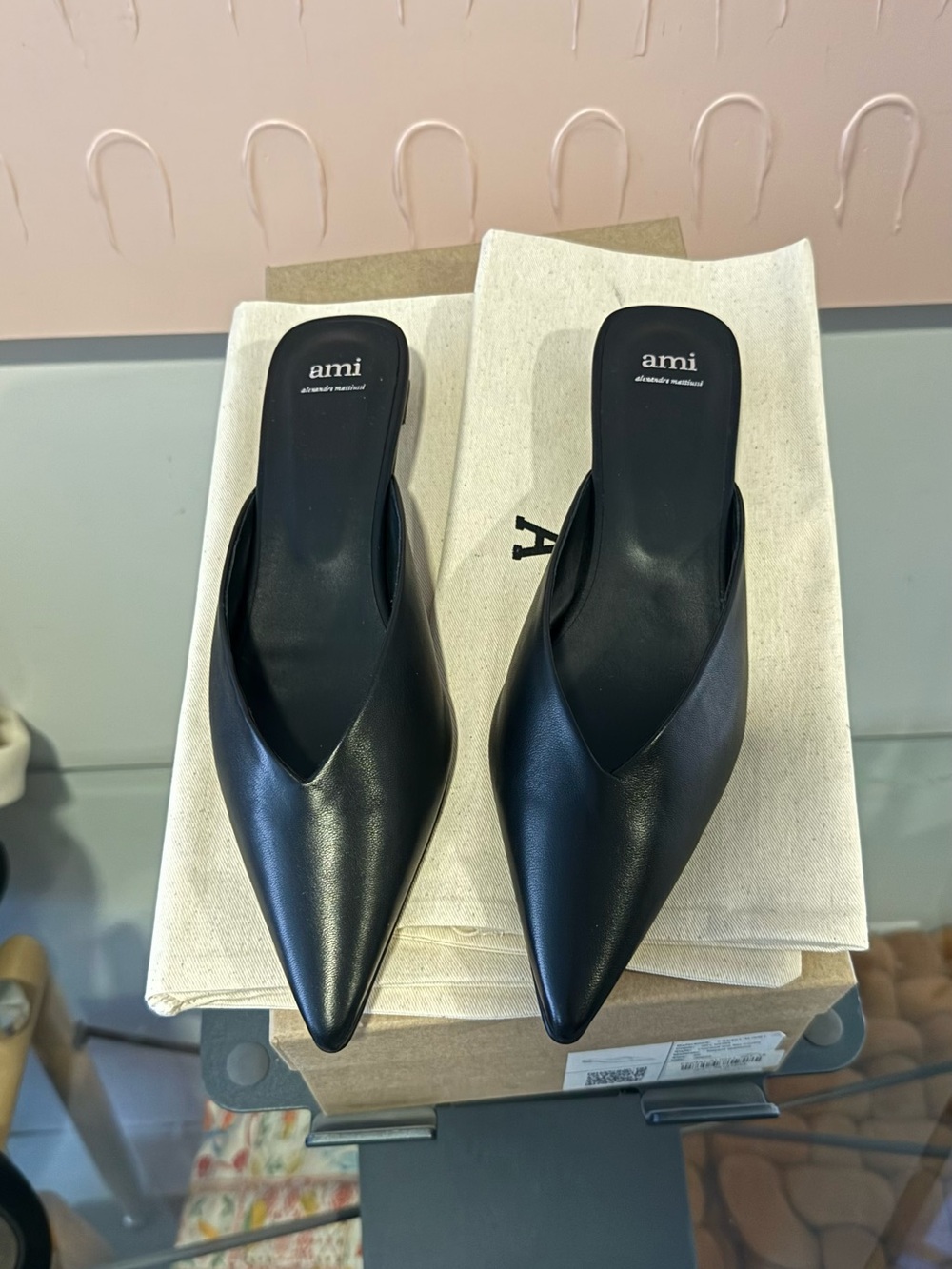 ami Black Pointed Leather Slip-On Mules